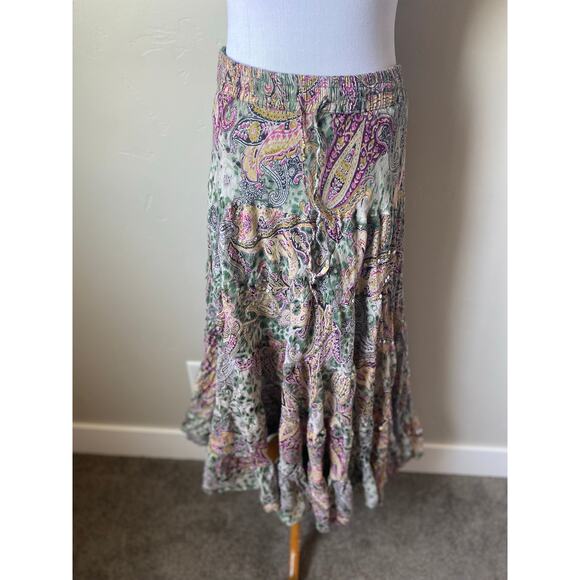 SIlver Stream Paisley Print Flowy Boho Hippie Sequin Cotton Pull On Maxi Skirt - Picture 8 of 10